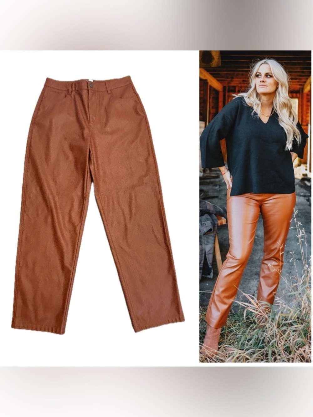 Joe fresh rust brown burnt orange fauxl leather vegan straight leg pants 8 NWOT - Picture 13 of 13